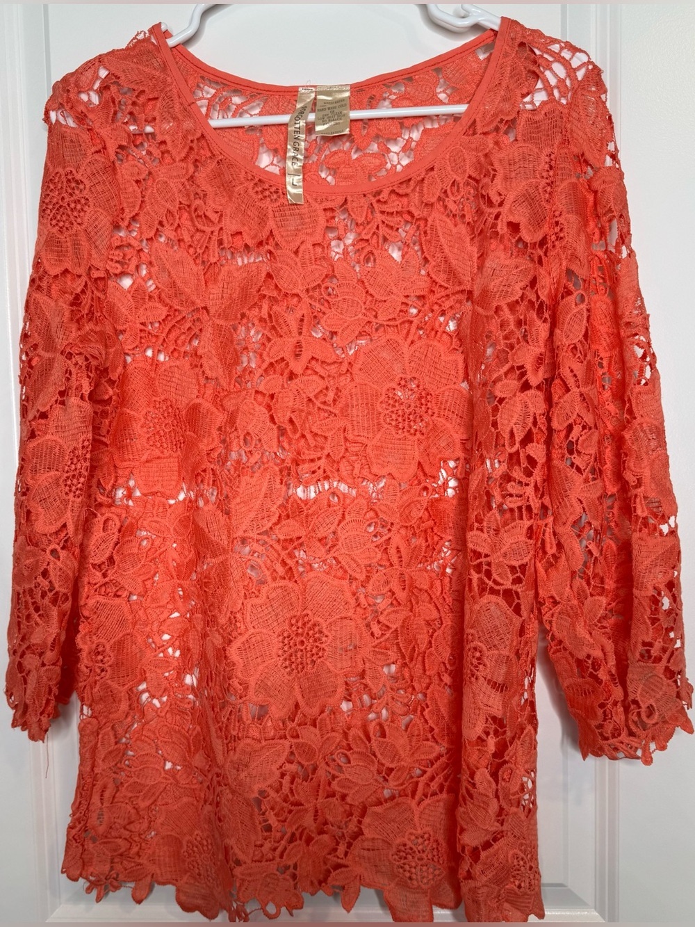 Forgotten Grace Coral Crochet Lace Top size LG short sleeve
